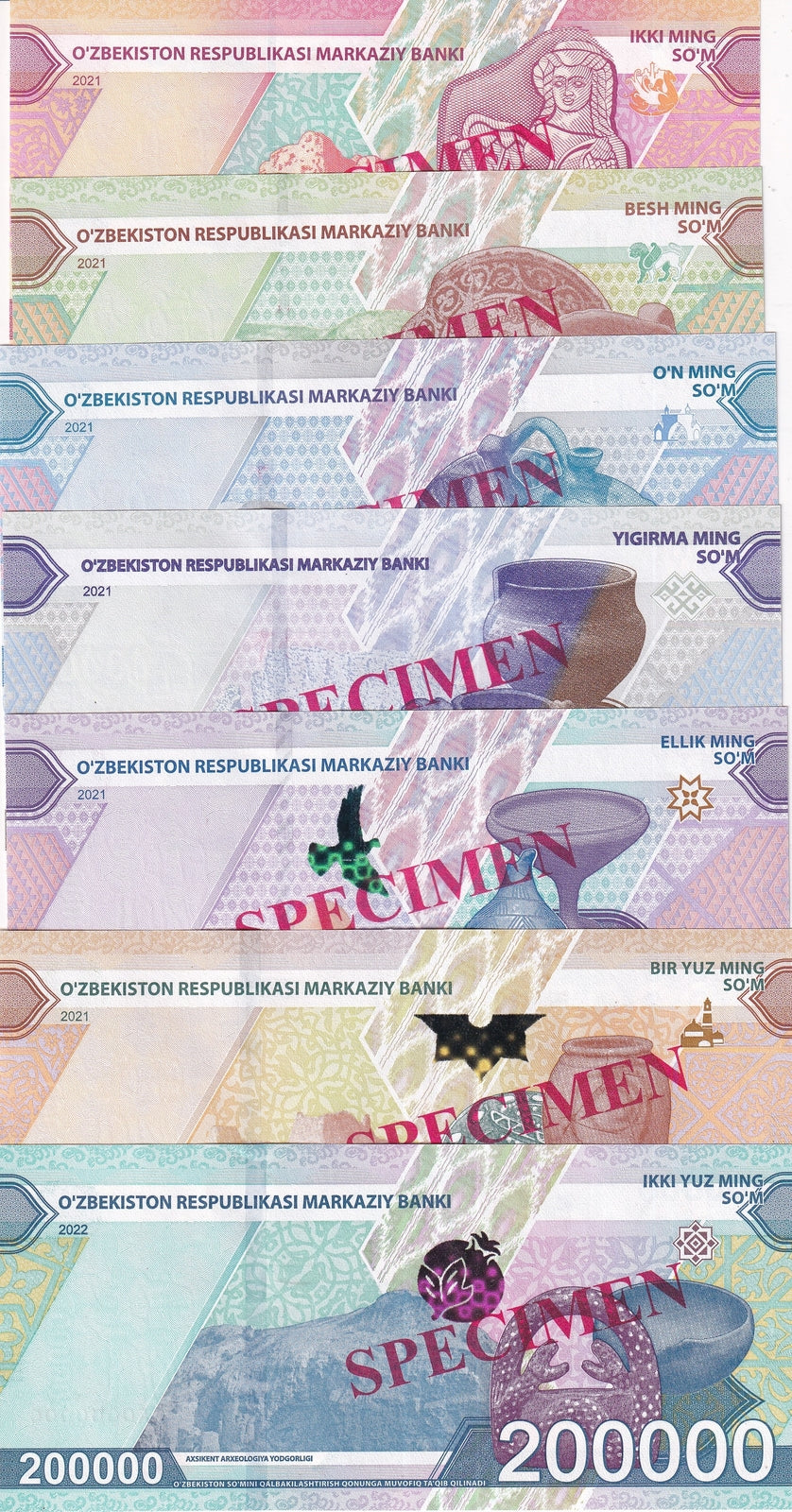 Uzbekistan Set 7 Specimen 2000 - 200000 Som 2021 2022 P 87 88 89 90 91 91 93 UNC