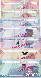 Uzbekistan Set 7 Specimen 2000 - 200000 Som 2021 2022 P 87 88 89 90 91 91 93 UNC