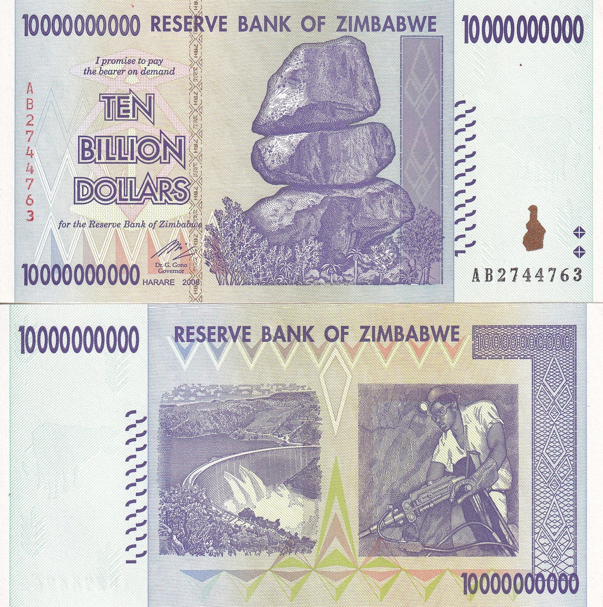 Zimbabwe 10 Billion Dollars 2008 P 85 AUnc