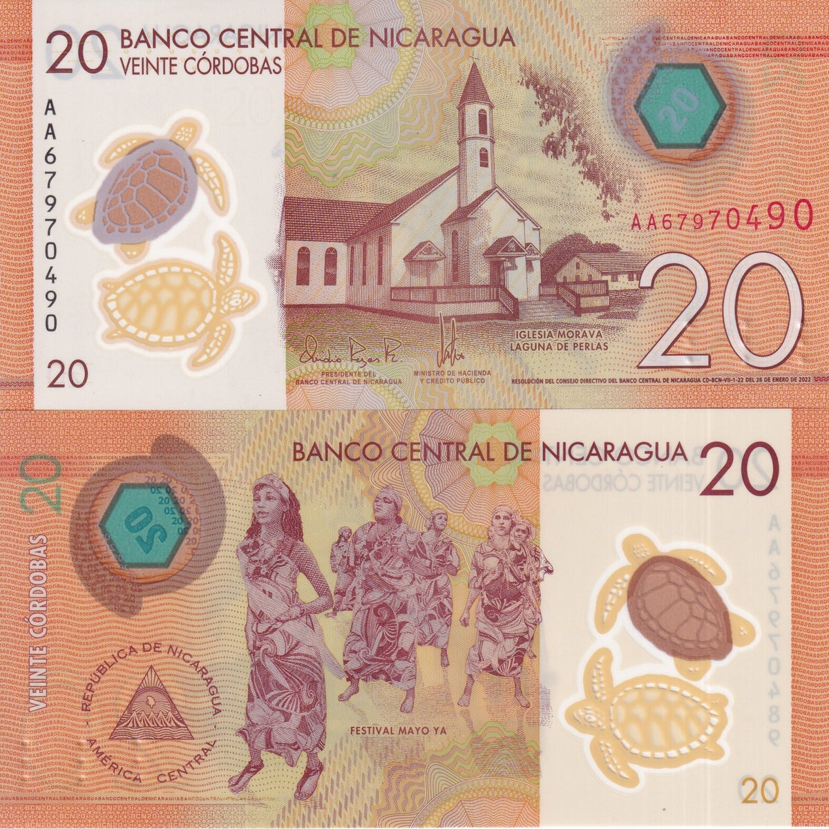 Nicaragua 20 Cordobas 2022 P 210 Polymer UNC ,with Tactile embossing