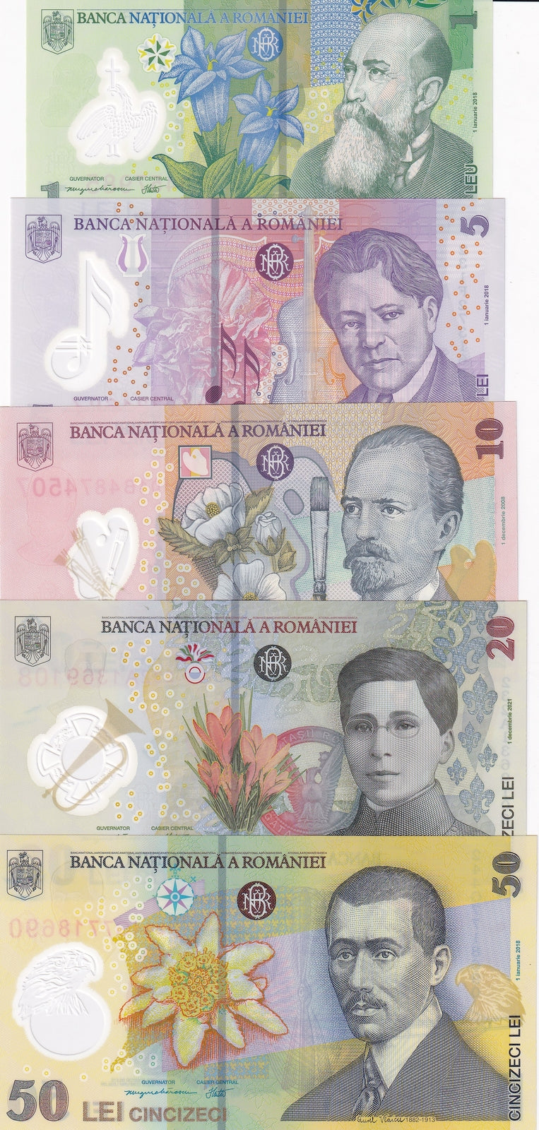 Romania Set 5 Unc 1 5 10 20 50 Lei Random Year P 117 118 119 119A 120 Polymer