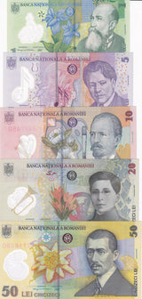 Romania Set 5 Unc 1 5 10 20 50 Lei Random Year P 117 118 119 119A 120 Polymer