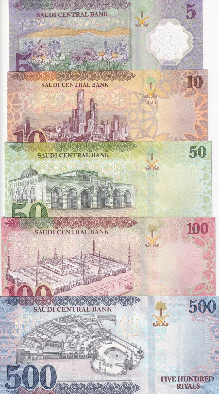 Saudi Arabia Set 5 UNC 5 10 50 100 500 Riyals 2021 - 2024 P 46 47 48 49 50