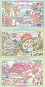 Reunion & Mayotte Saint Pierre & Miquelon Guadeloupe SET 3 1000 Francs FANTASY