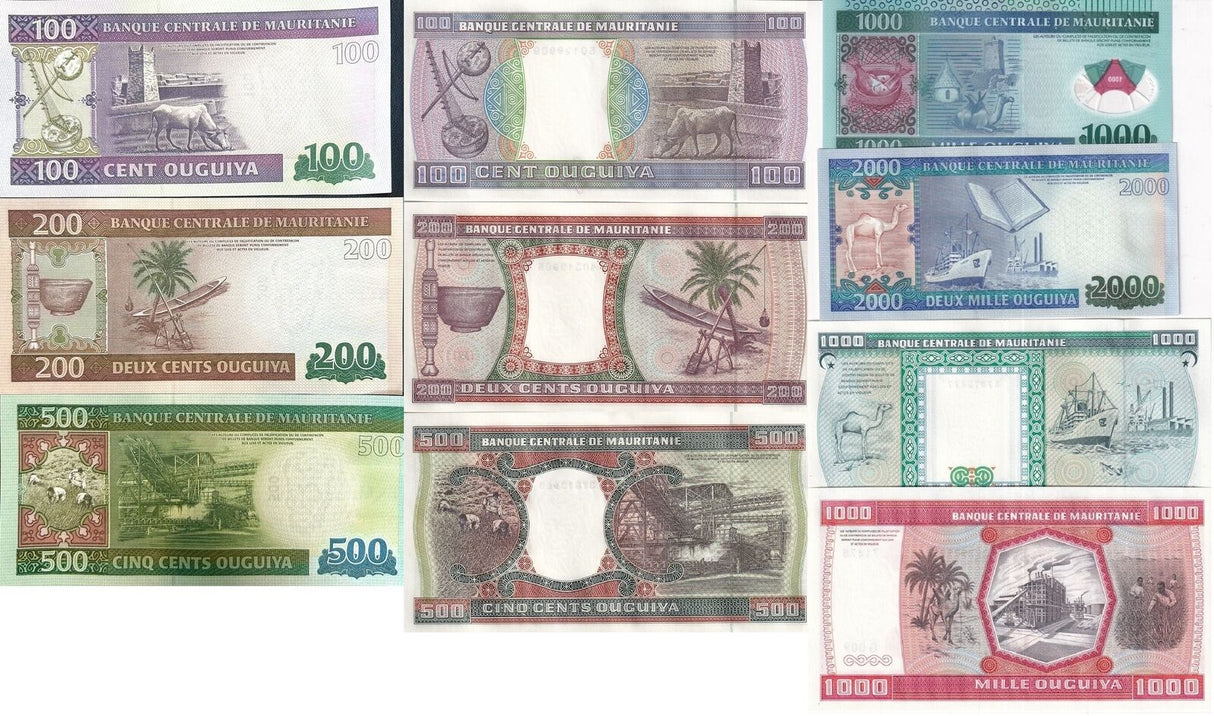 Mauritania SET 10 x Lot 5 = 50 UNC 100 200 500 1000 2000 1981-2015 P 3D 4 5-P 20