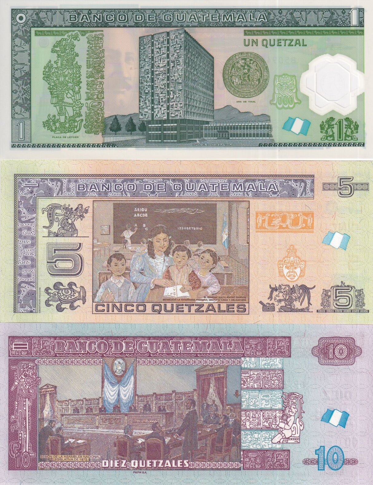 Guatemala Set 3 PCS 1 5 10 Quetzales Random Date P 115 P 122 P 123 UNC