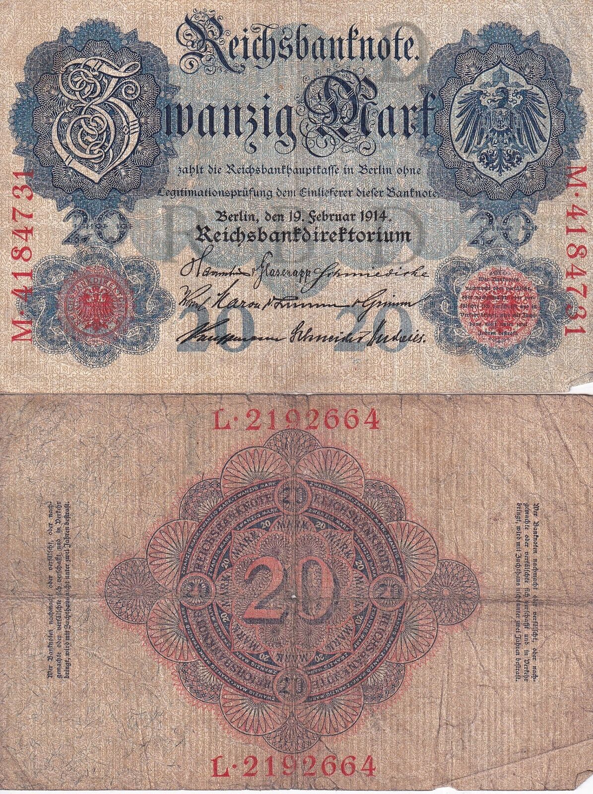 GERMANY 20 Reichsbanknote Mark 1914 P 46 USED / CIRCULATED