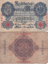 GERMANY 20 Reichsbanknote Mark 1914 P 46 USED / CIRCULATED