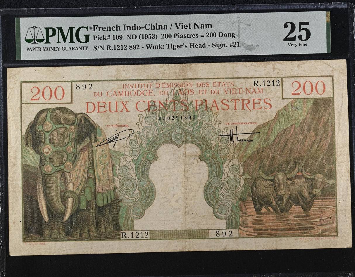French Indochina Vietnam 200 Piastres Dong ND 1953 P 109 VF PMG 25 Stain PinHole