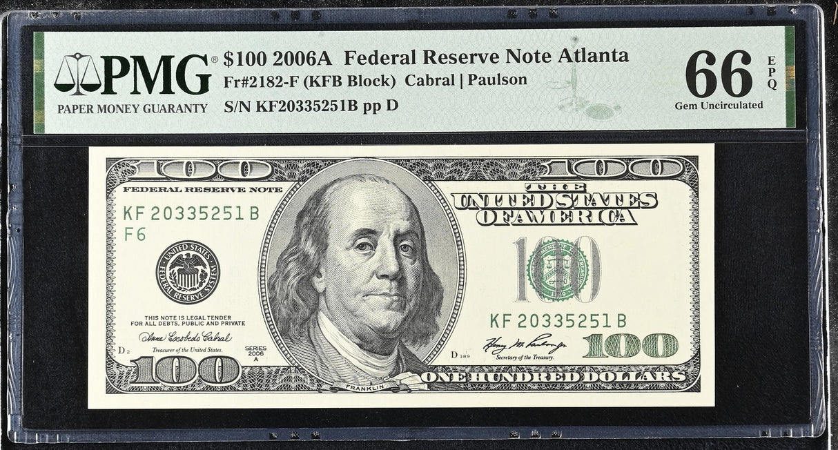 United States 100 Dollars USA 2006A P 528 F Atlanta Gem UNC PMG 66 EPQ