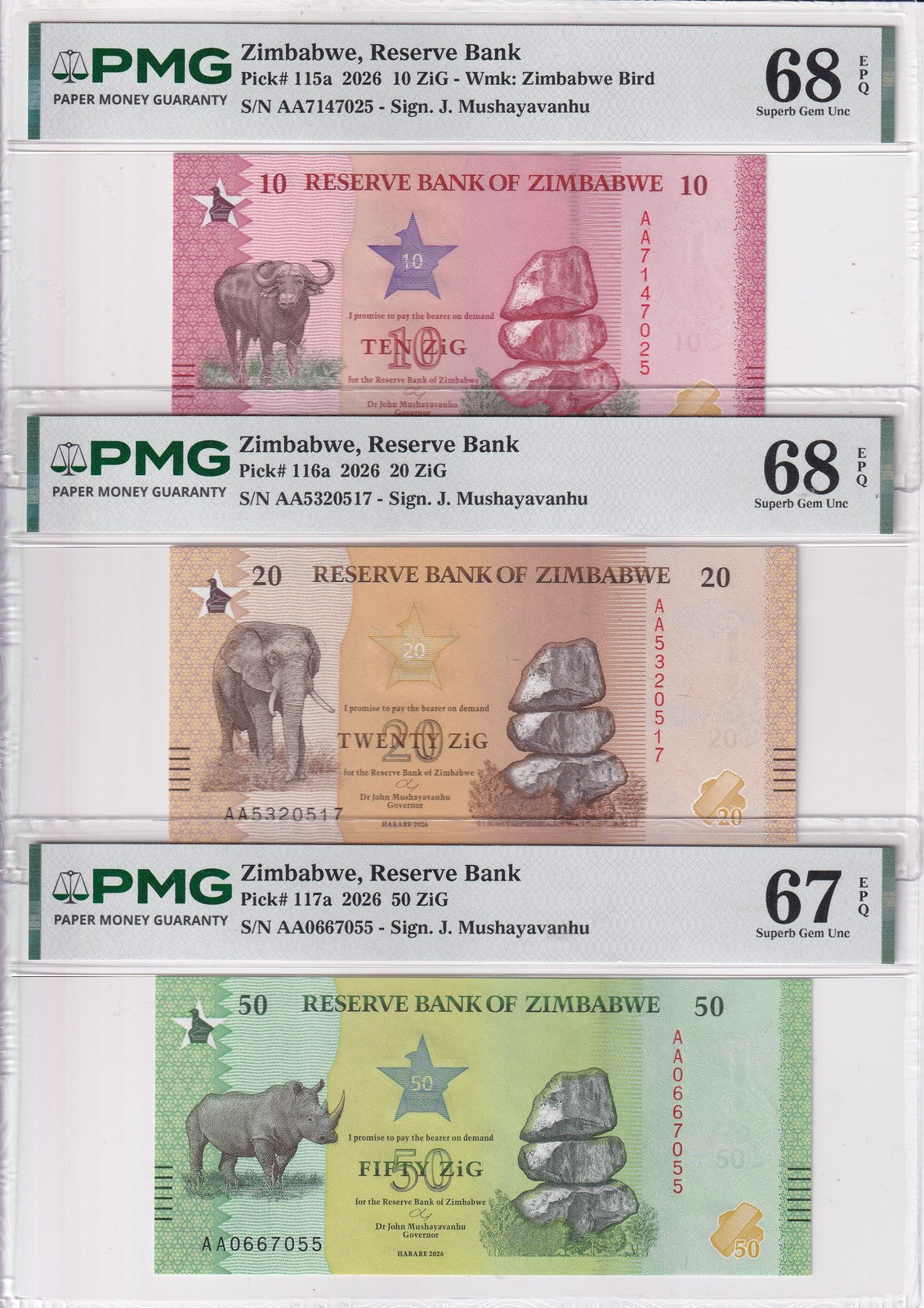 Zimbabwe Set 3, 10 20 50 Zig 2026 P 115 116 117 Superb Gem UNC PMG 67 68 EPQ ,NV