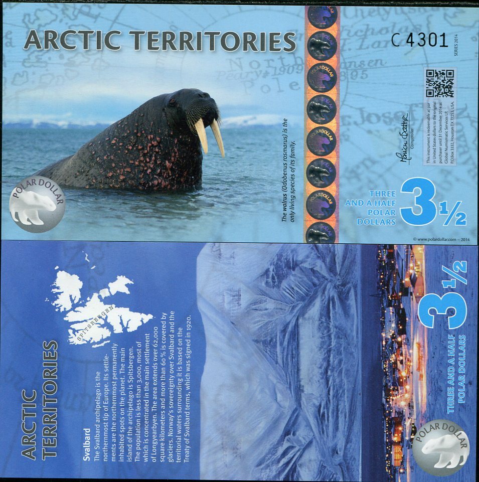 Arctic Territories 3.5 Dollar 2014 Polymer Polar Walrus UNC