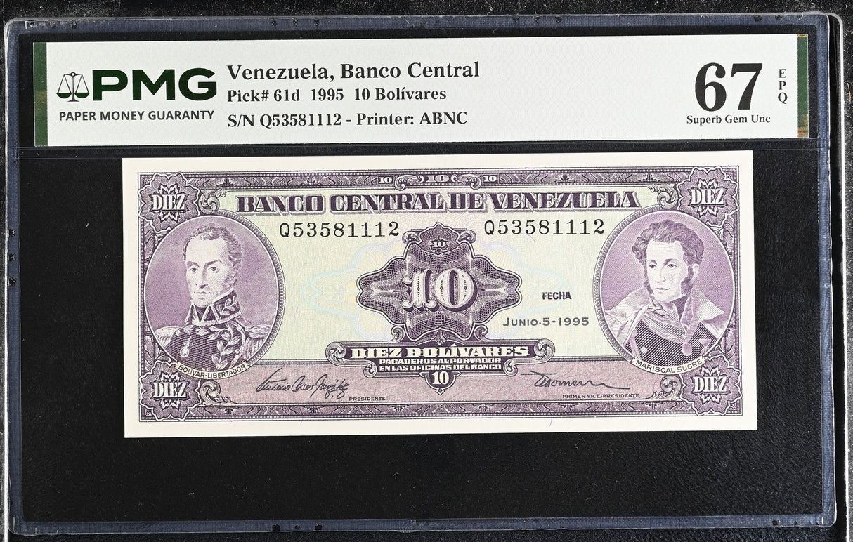 Venezuela 10 Bolivares 1995 P 61 d Superb Gem UNC PMG 67 EPQ
