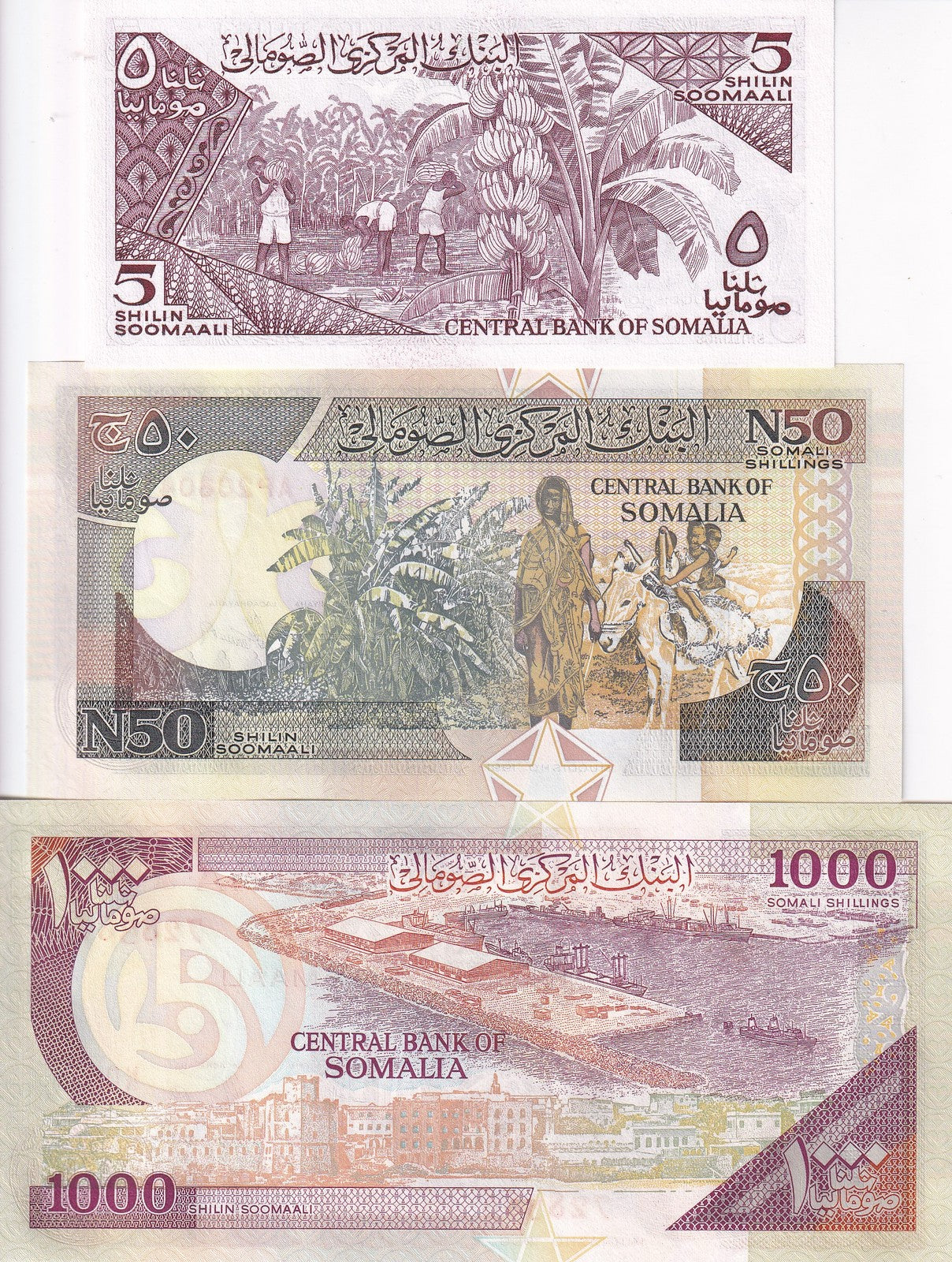 Somalia Set 3 UNC 5 50 1000 Shillings 1986 1991 1996 P R2 31 37 Port waterfront