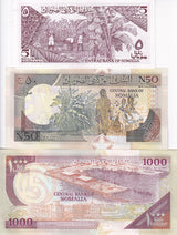Somalia Set 3 UNC 5 50 1000 Shillings 1986 1991 1996 P R2 31 37 Port waterfront