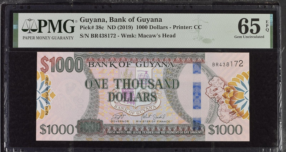Guyana 1000 Dollars ND 2019 P 38 c Gem UNC PMG 65 EPQ