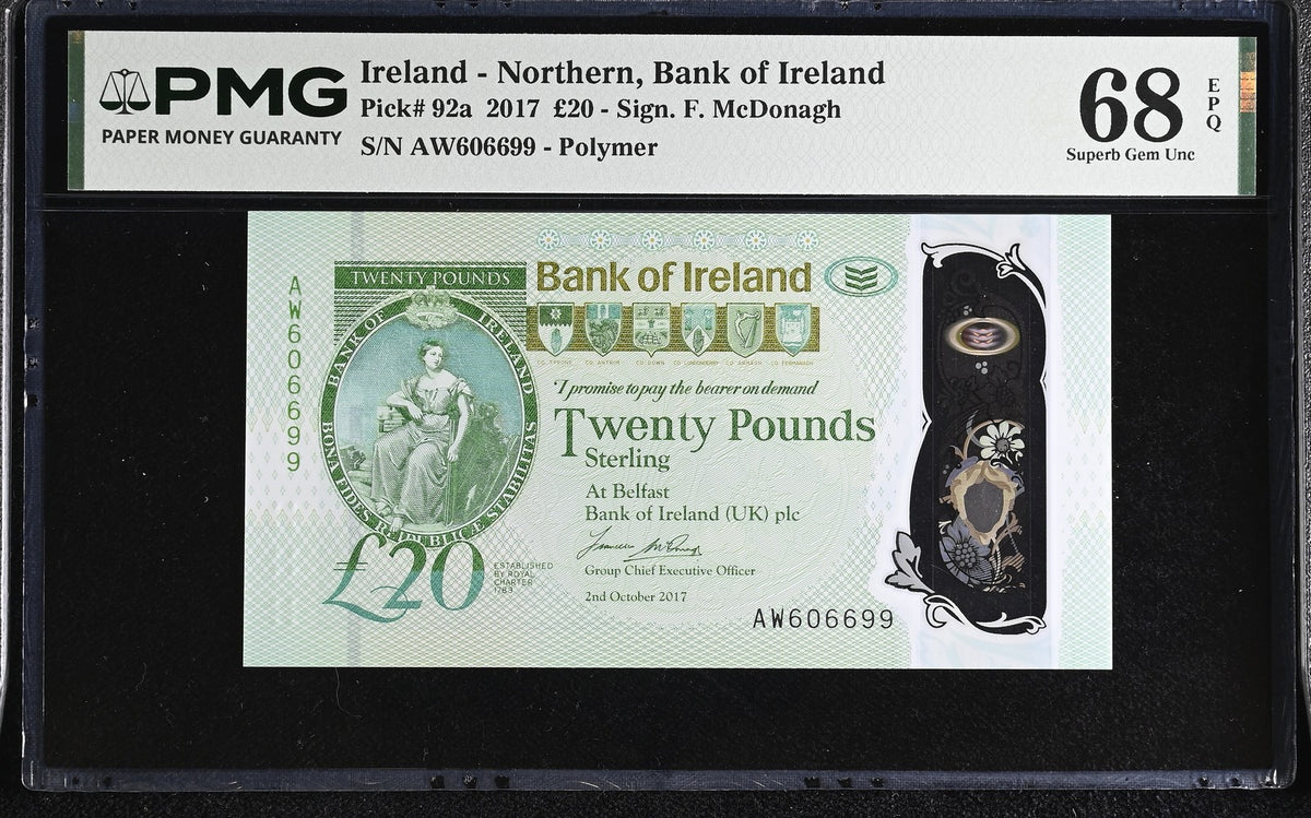 Northern Ireland 20 Pounds 2017 P 92 a Superb Gem UNC PMG 68 EPQ , POLYMER