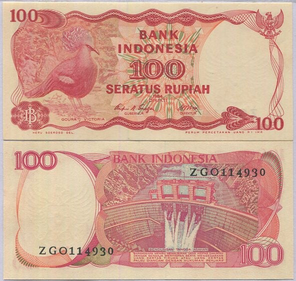 Indonesia 100 Rupiah 1984 P 122 UNC , Victoria crowned pigeon Asahan dam