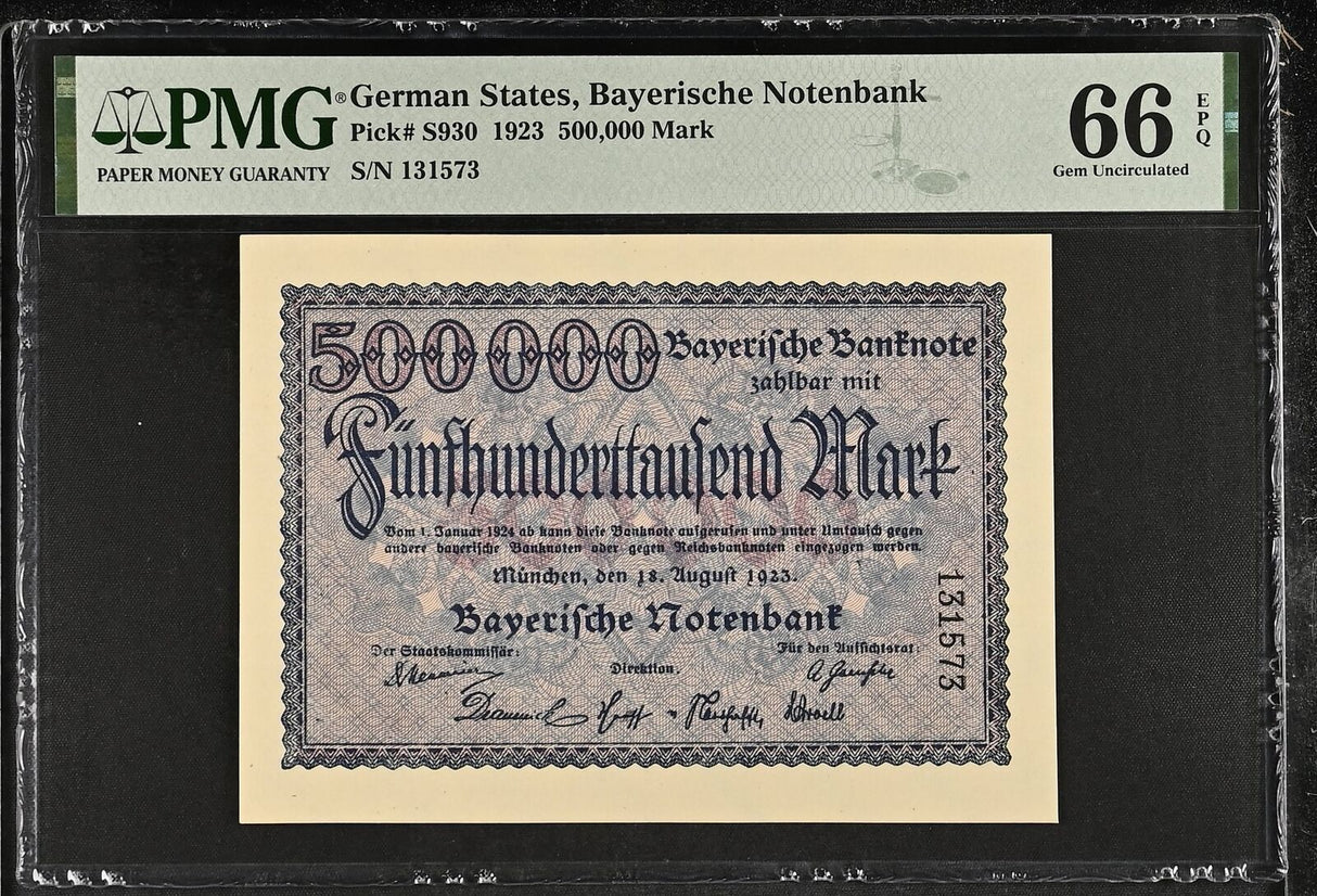 Germany Bayern 500000 Mark 1923 P S930 Gem UNC PMG 66 EPQ