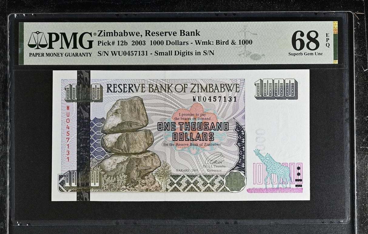 Zimbabwe 1000 Dollars 2003 P 12 b Small Digits Superb Gem UNC PMG 68 EPQ TOP POP