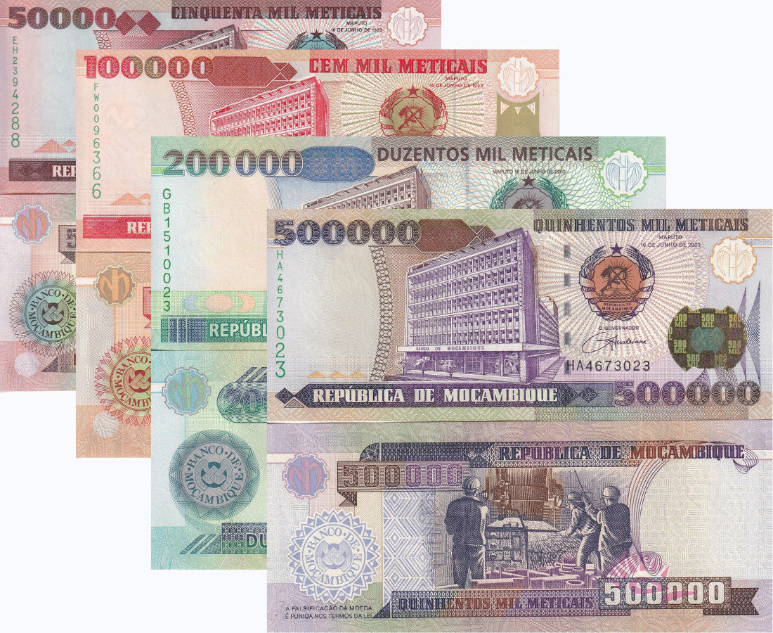 Mozambique Set 4 Pcs 50000 - 200000 500000 M. 1993-2003 P 138 139 141 142 UNC