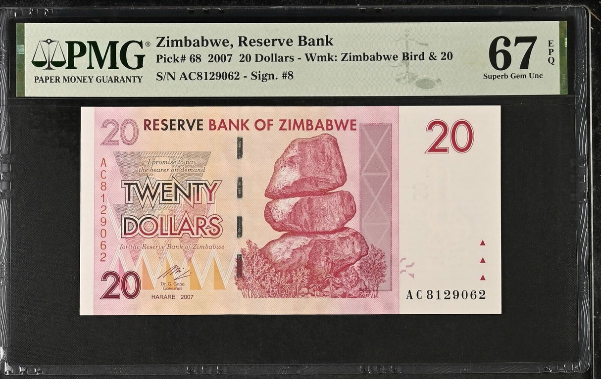 Zimbabwe 20 Dollar 2007 P 68 Superb Gem UNC PMG 67 EPQ