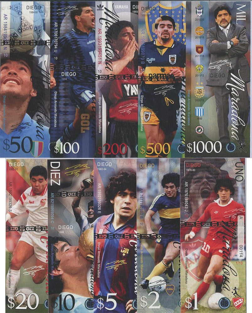 MARADONA Set 10 Pcs 1- 1000 Diegos 1976-2020 World Soccer player ,Private issued