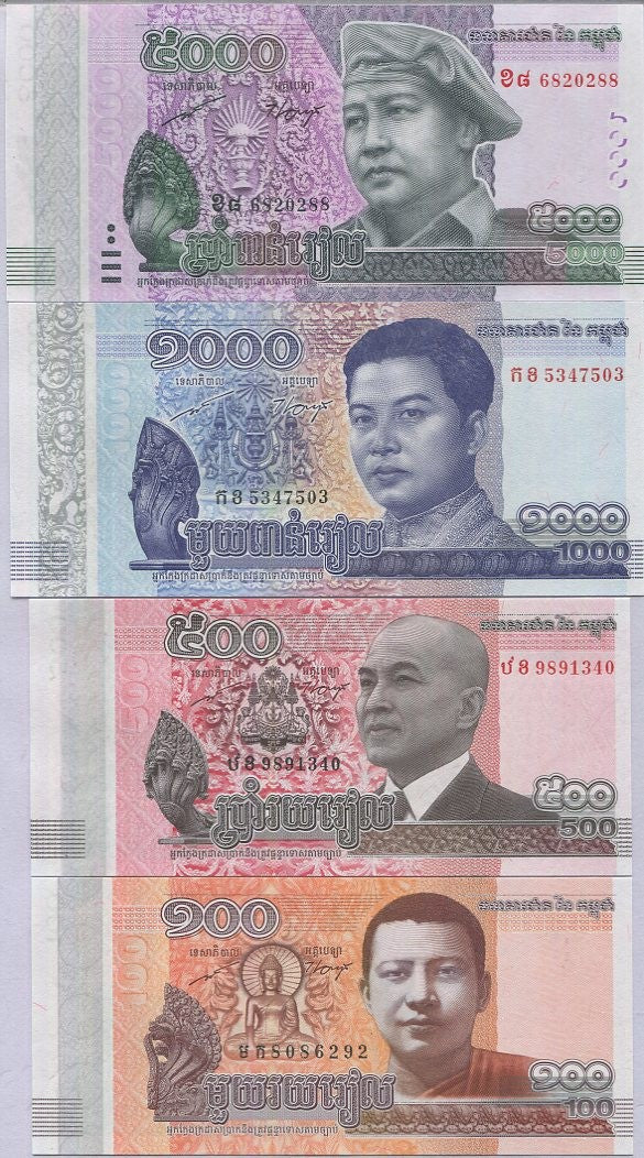 Cambodia Set 4 UNC 100 500 1000 5000 Riels 2014-2016 P 65 66 67 68