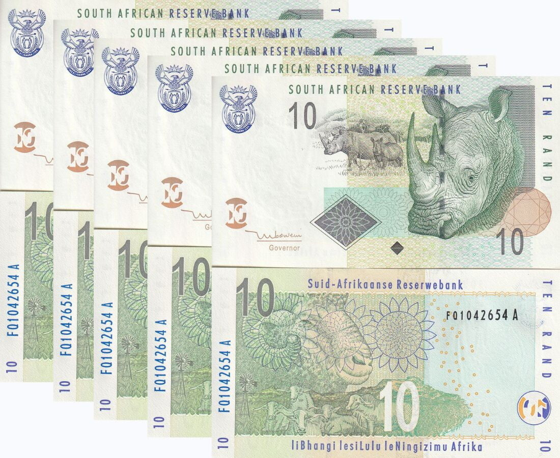 South Africa 10 Rand 2005 RHINO , Ram, Cows P 128 UNC LOT 5 PCS