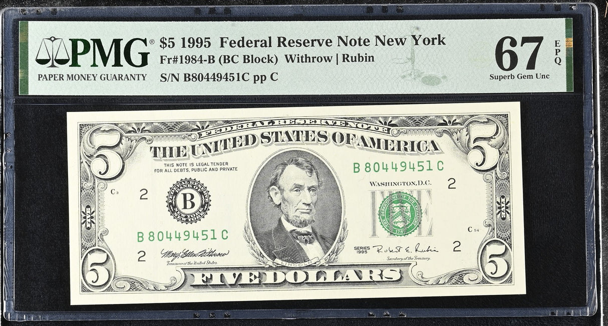 United States 5 Dollars Usa 1995 P 498 B New York Superb Gem UNC PMG 67 EPQ