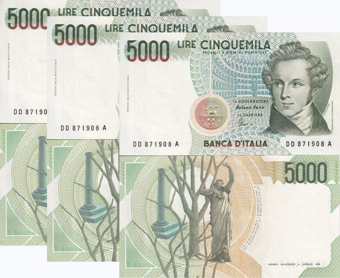 Italy 5000 Lire 1985 P 111 c UNC LOT 3 PCS