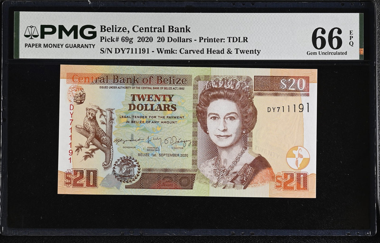 Belize 20 Dollars 2020 P 69 g QEII Gem UNC PMG 66 EPQ