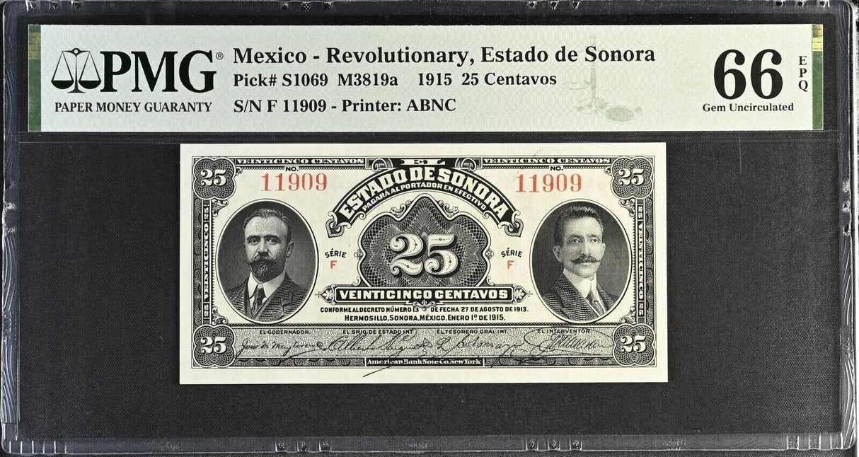 Mexico Revolutionary Sonora 25 Centavos 1915 P S1069 Gem UNC PMG 66 EPQ