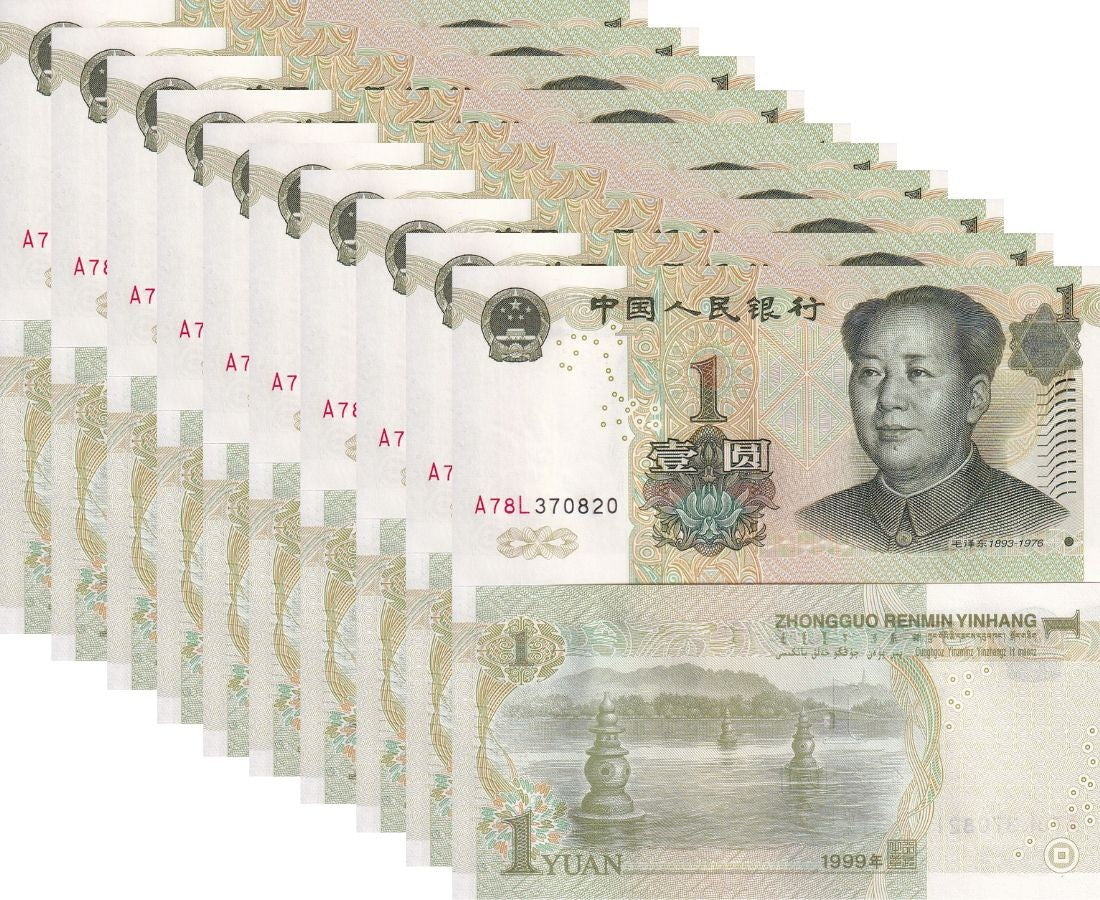 China 1 Yuan 1999 P 895 c UNC LOT 10 PCS 1/10 BUNDLE, Mao Tse-tung