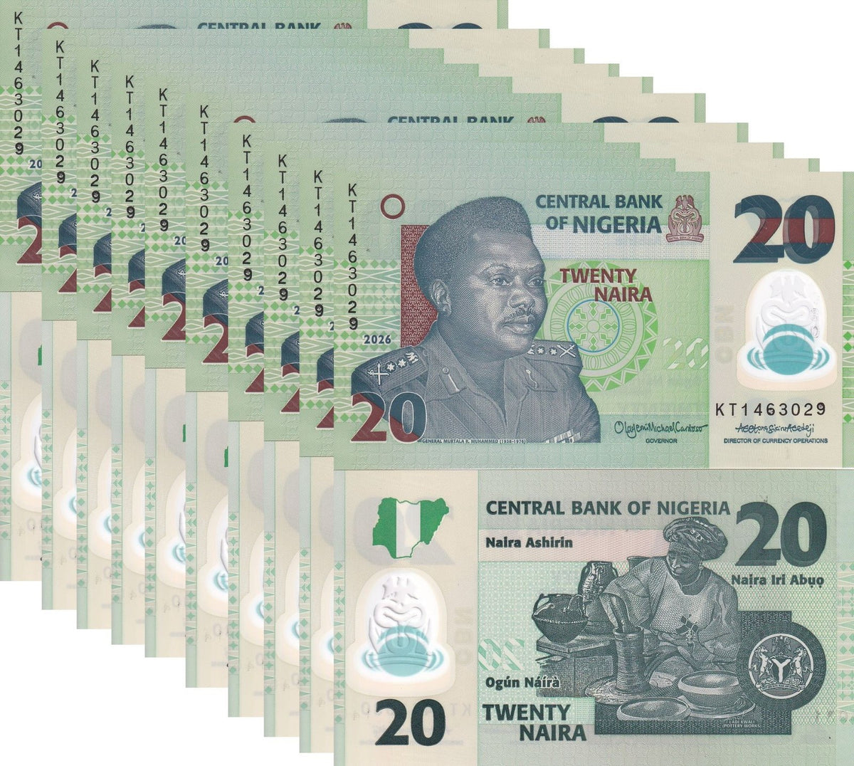Nigeria 20 Naira 2026 P 40 Polymer UNC LOT 10 PCS, Murtala Ramad Muhammed