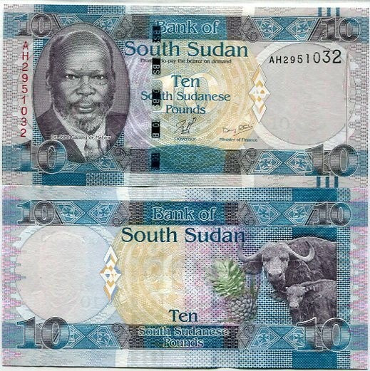 South Sudan 10 Pounds ND 2011 P 7 UNC , John Garang, Buffalos, pineapple