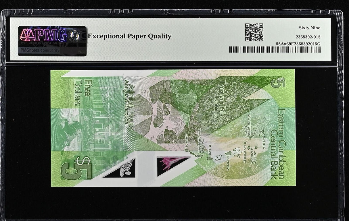 East Caribbean 5 Dollars ND 2021 P 55Aa Polymer Superb Gem UNC PMG 69 EPQ