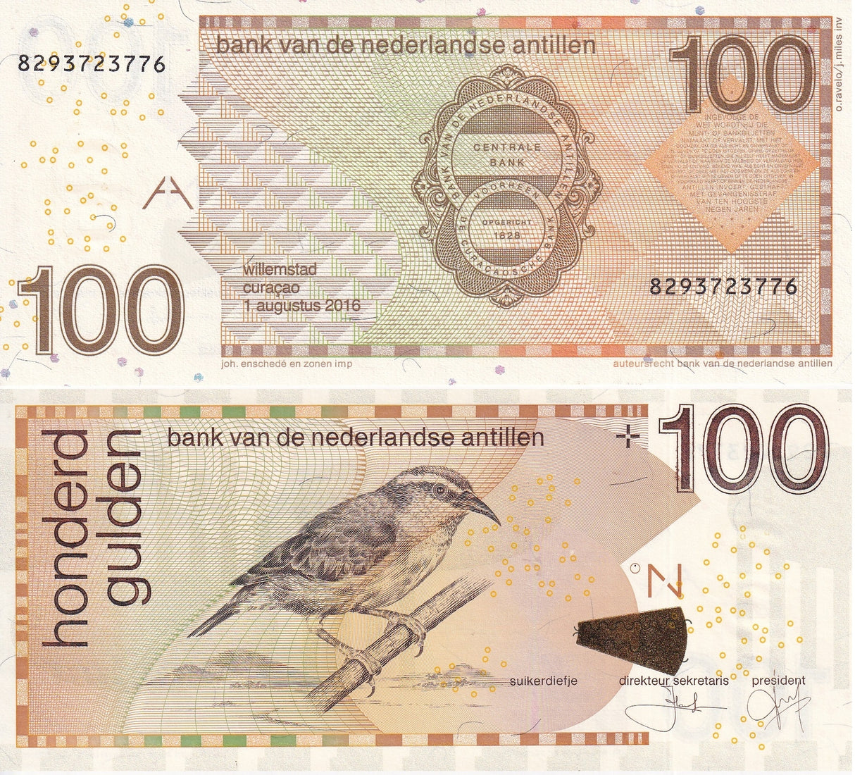 Netherlands Antilles 100 Gulden 2016 P 31 h UNC Bananaquit Bird