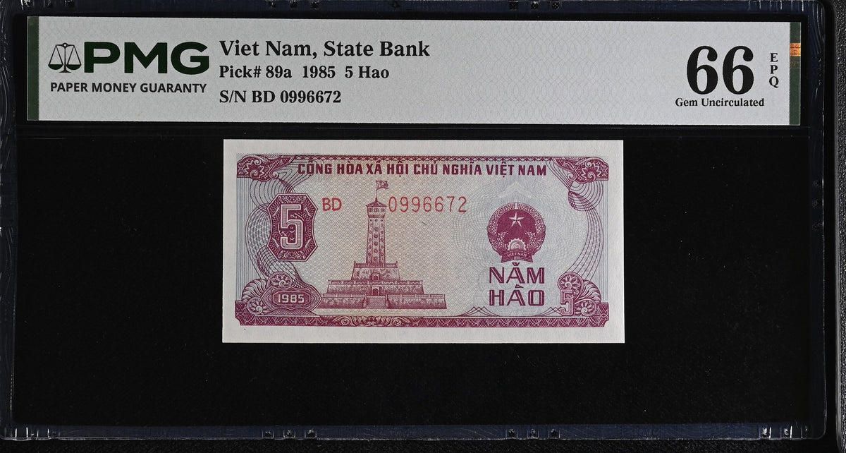 Vietnam 5 Hao 1985 P 89 a Gem UNC PMG 66 EPQ , Hanoi Tower ,Graded Note