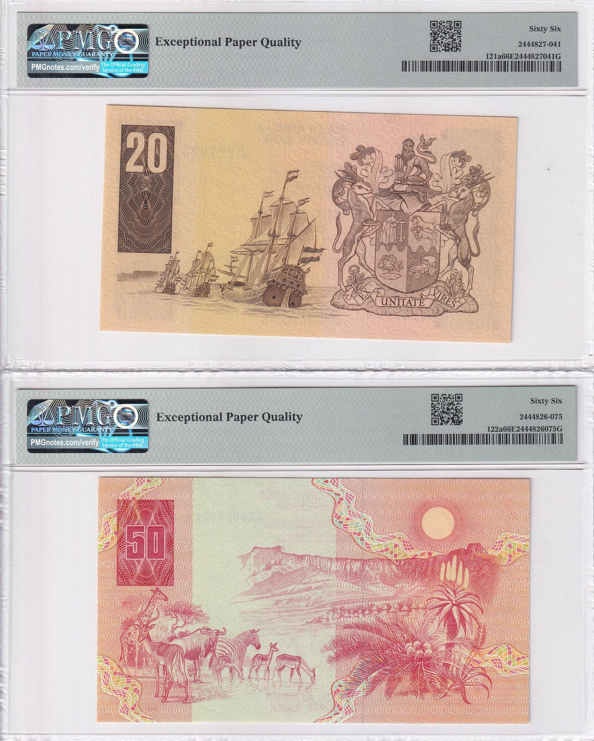 South Africa Set 2; 20 50 RAND ND 1984 P 121 P 122 Gem UNC PMG 66 EPQ
