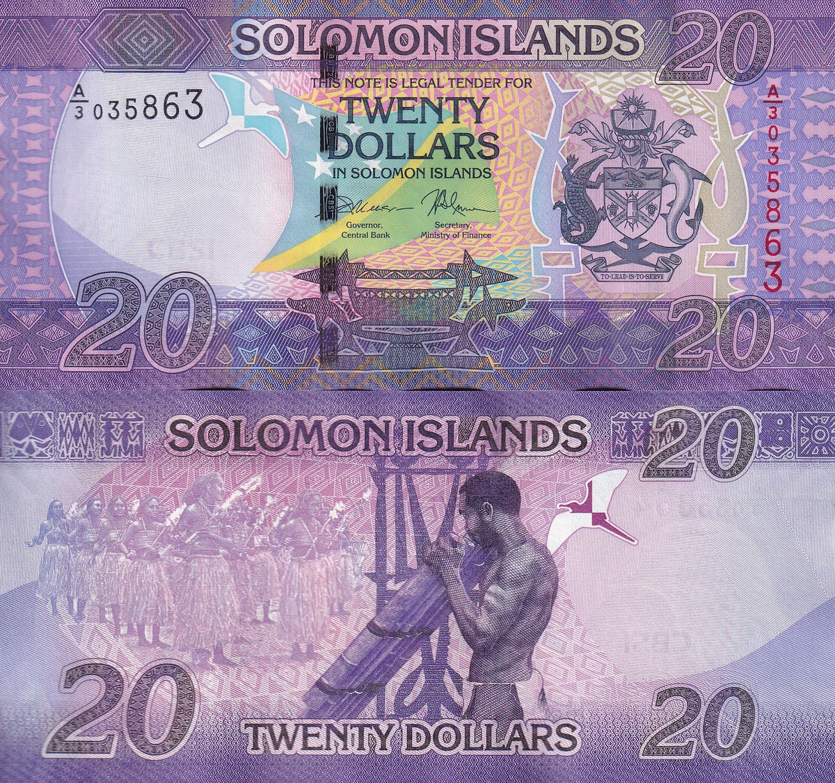 Solomon Islands 20 Dollars ND 2017 P 34 a UNC , Printer TLDR, Dancers ,flute