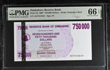 Zimbabwe 750000 Dollars Bearer Cheque 2007 P 52 Gem UNC PMG 66 EPQ