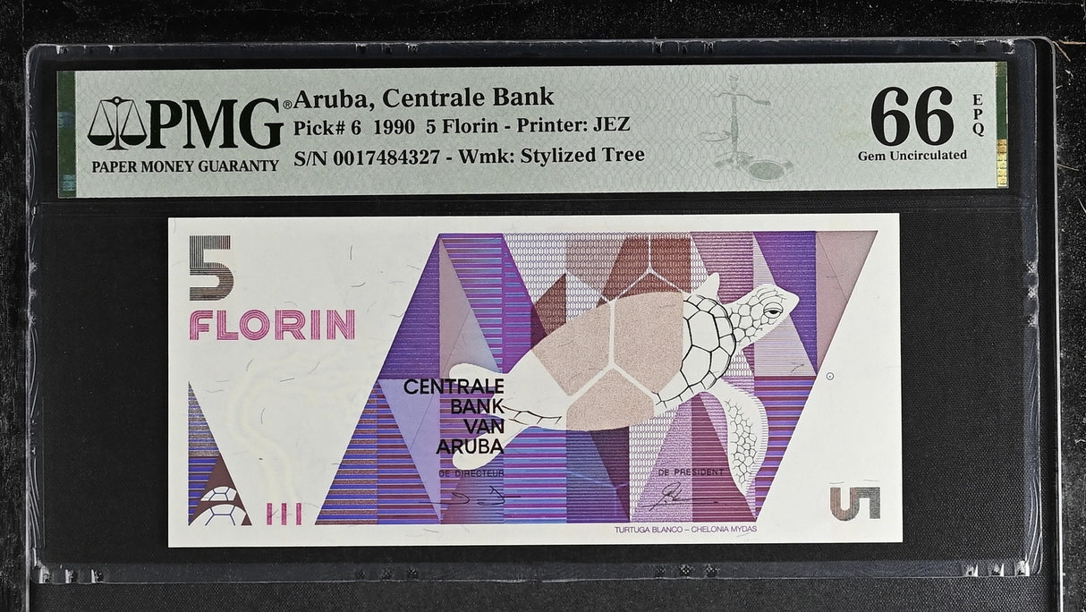 Aruba 5 Florins 1990 P 6 Gem UNC PMG 66 EPQ ,WTM Stylized Tree, Printer JEZ