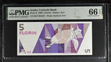 Aruba 5 Florins 1990 P 6 Gem UNC PMG 66 EPQ ,WTM Stylized Tree, Printer JEZ