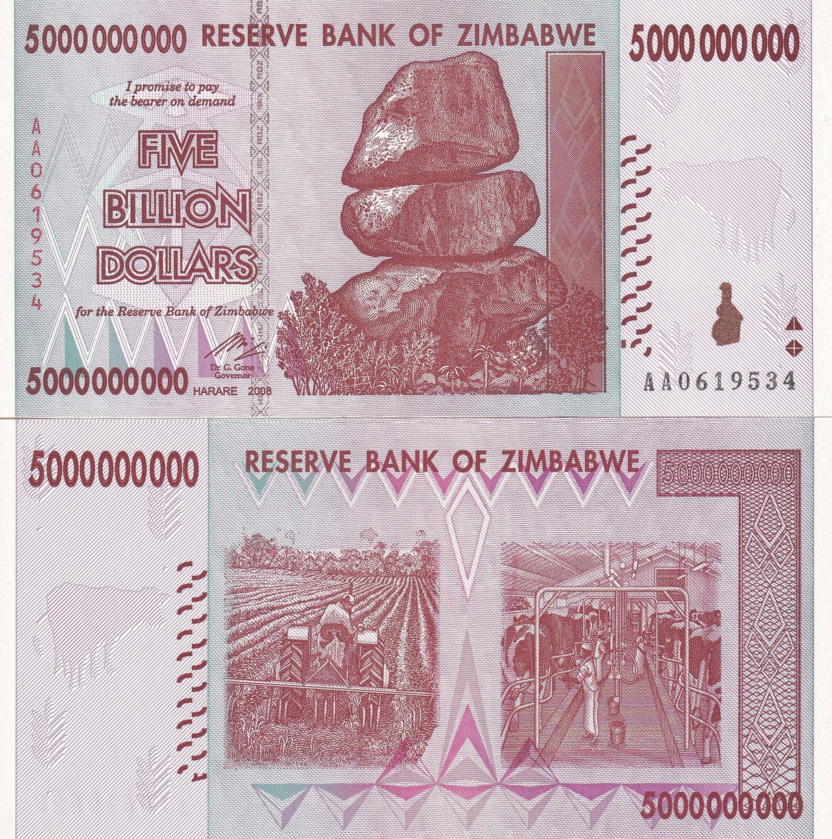 Zimbabwe 5 Billion Dollars 2008 P 84 UNC Lot 10 Pcs 1/10 Bundle