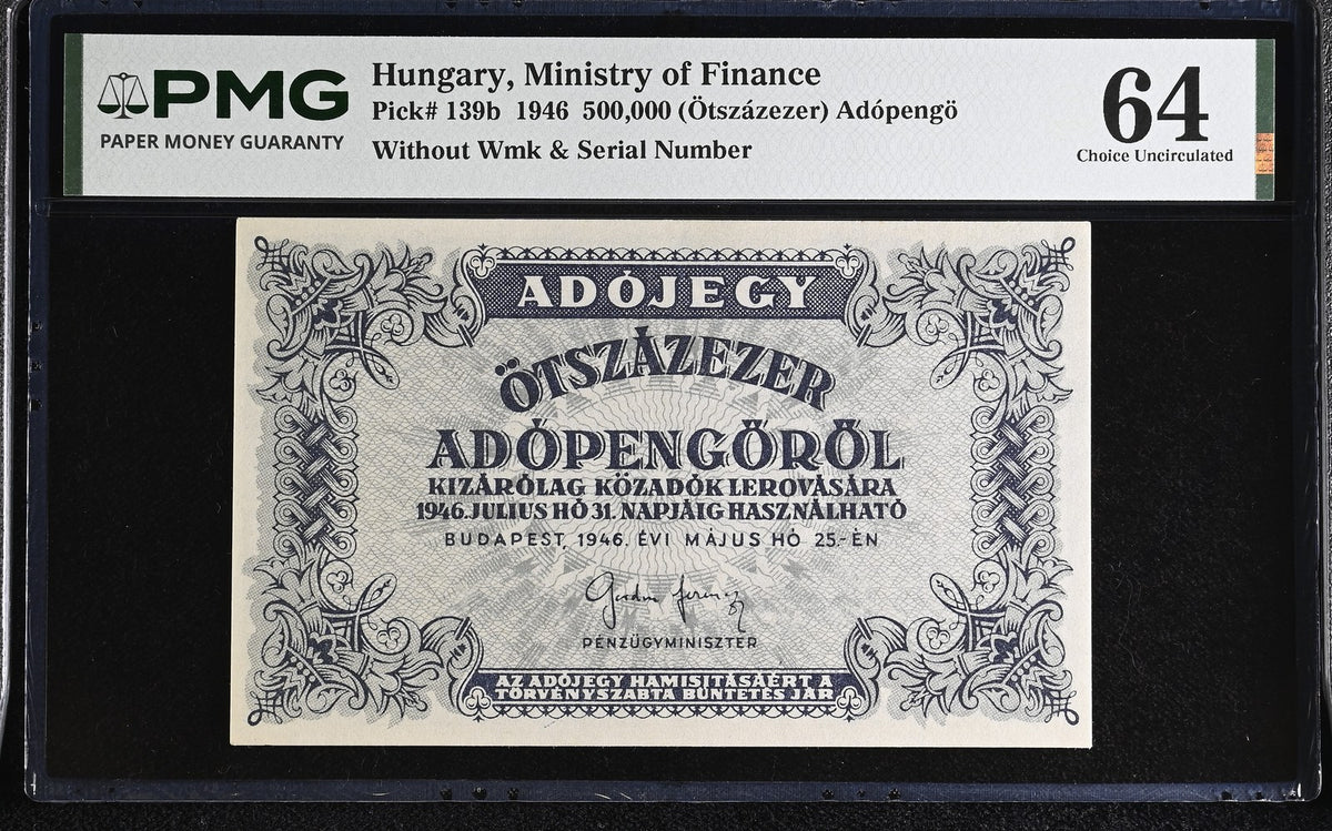 Hungary 500000 (Otszazezer) Adopengo 1946 P 139 b Choice UNC PMG 64