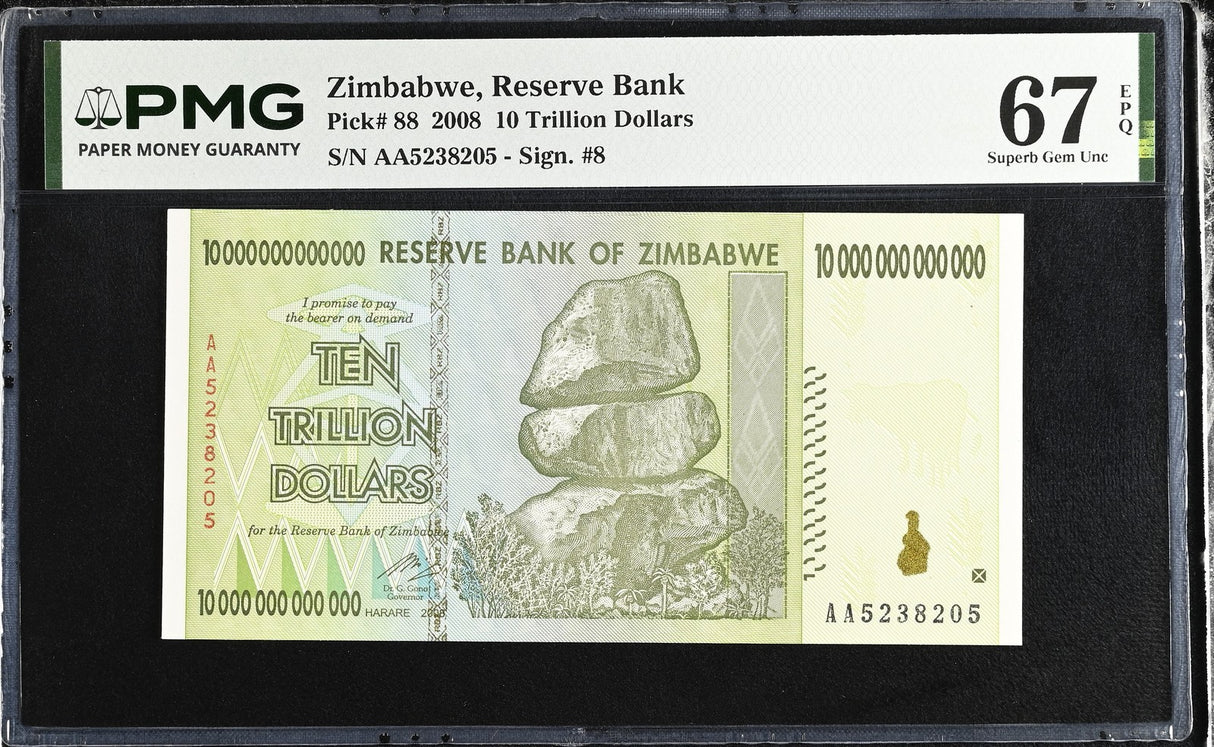 Zimbabwe 10 Trillion Dollars 2008 P 88 Superb Gem UNC PMG 67 EPQ