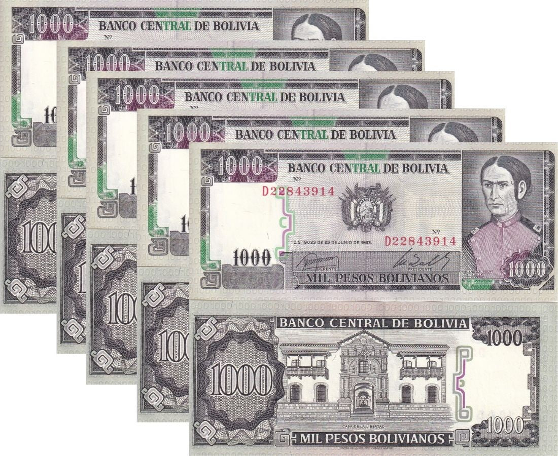Bolivia 1000 Pesos Bolivianos 1982 P 167 a UNC LOT 5 PCS