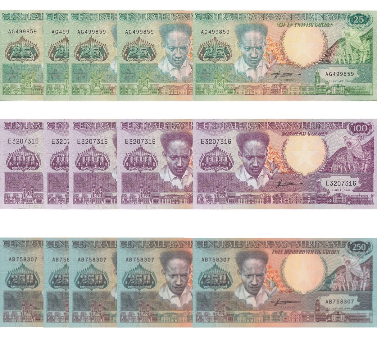 Suriname Set 3 x 5 = 15 UNC 25 100 250 Gulden 1986 1988 P 132 133 134