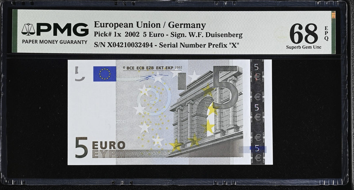 Euro 5 Euro Germany 2002 P 1 X Prefix Superb Gem UNC PMG 68 EPQ